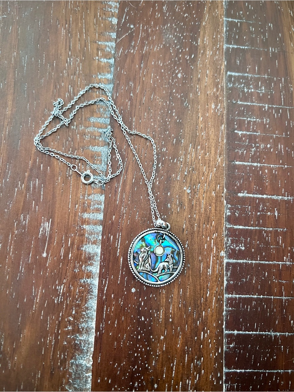 Silver Abalone Moon & Wolf Pendant Necklace - Blue-Green